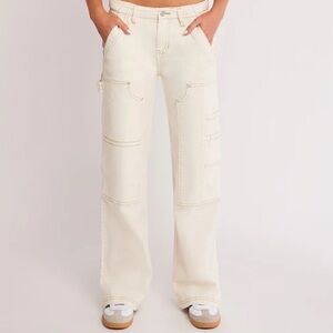 Cream Flare Wide Leg Jeans with High Waist and Full Length